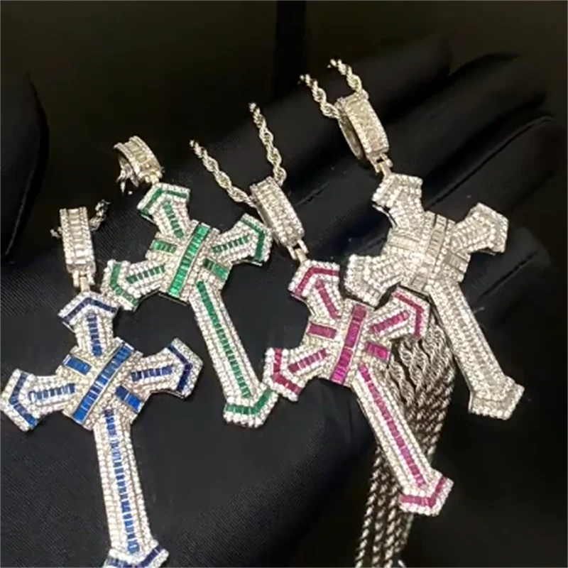 14K Gold Long Lab Moissanite Cross Pendant Wedding Pendants Necklace For Women'S Men Hiphop Jewelry