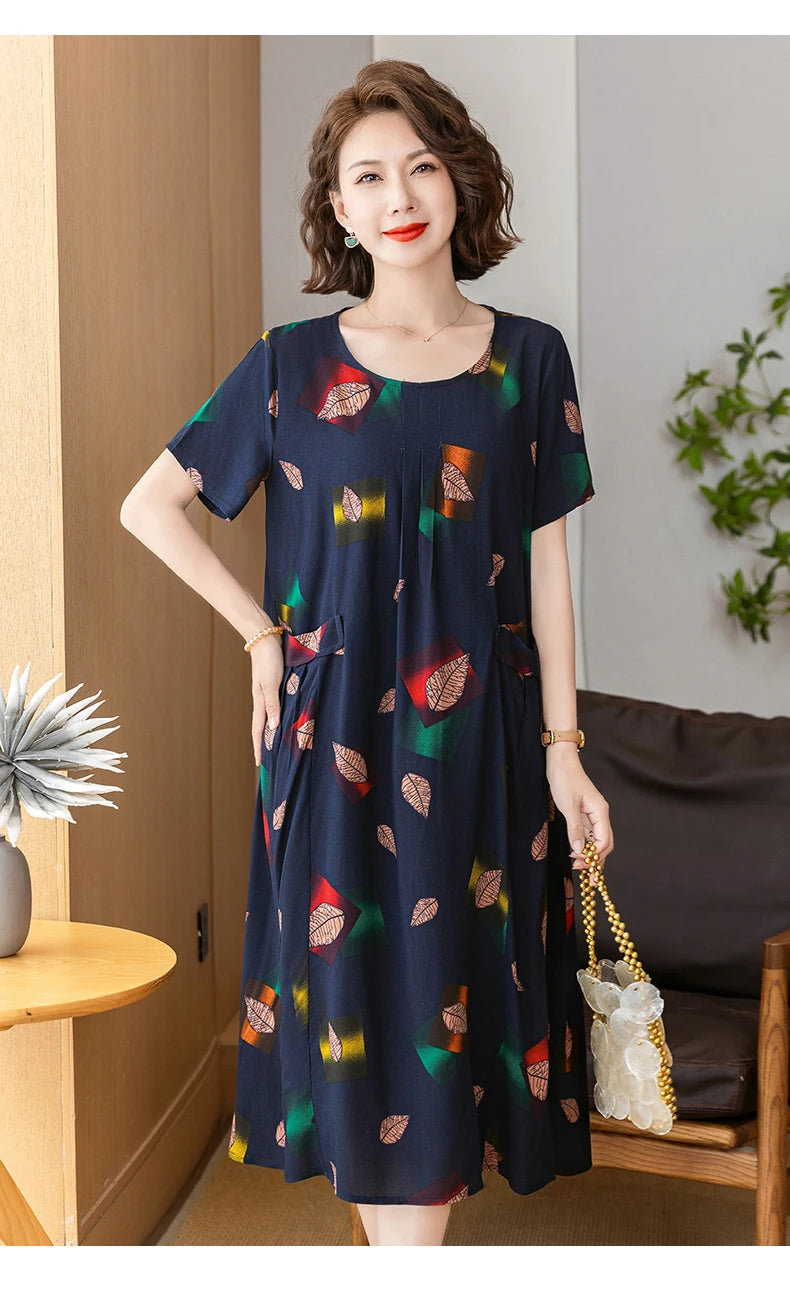 New 2025 Summer Dress Long Vintage Loose Women Elegant Sundress Dress Casual O-neck Dresses Print Plus Size