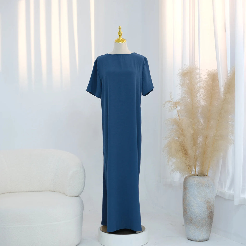 Modest Short Sleeve Women Inner Dress Basic Abaya Muslim Eid Ramadan Round Neck Maxi Loose Casual Long Versatile Fashion Kimono