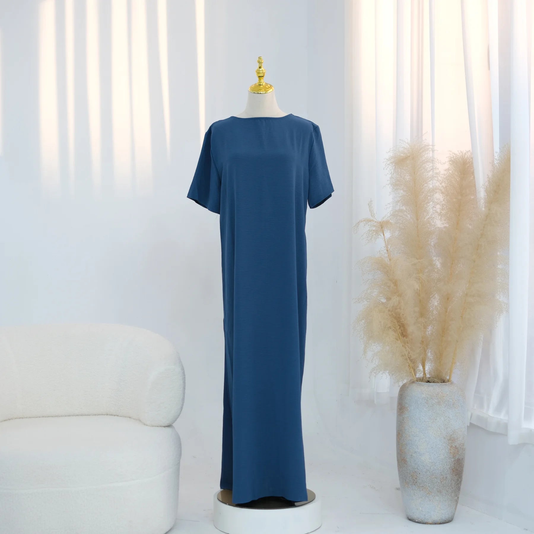 Modest Short Sleeve Women Inner Dress Basic Abaya Muslim Eid Ramadan Round Neck Maxi Loose Casual Long Versatile Fashion Kimono