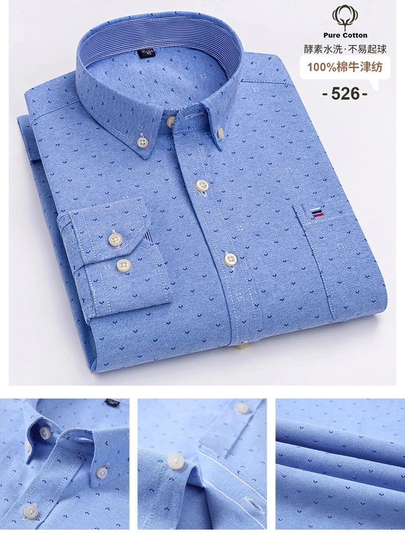 New 100% Cotton Oxford Men Shirts Long Sleeves Plaid Soft Regular Fit Formal Dress Shirt Pocket Social Blouse Male Clothes S-7XL