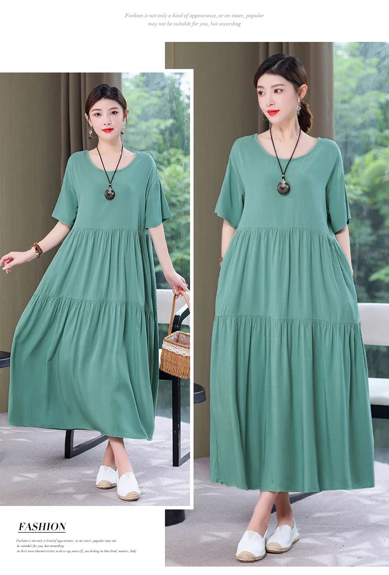 Women's Oversized A-Line Midi Dress – Loose Fit Short Sleeve Summer Sundress