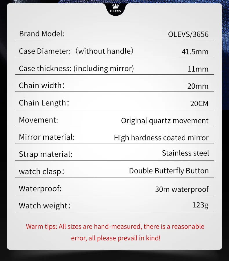 OLEVS 3656 Brand Men's Watches Fashion Original Quartz Watch for Man Waterproof Stainless Steel Luminous Wristwatch Moon Phase