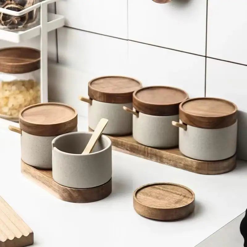 Ceramic Seasoning Jar Retro Japanese Style Home Kitchen Salt Chili Sugar Jar Oil Pot Wooden Lid Spice Kitchen Utensils Modern