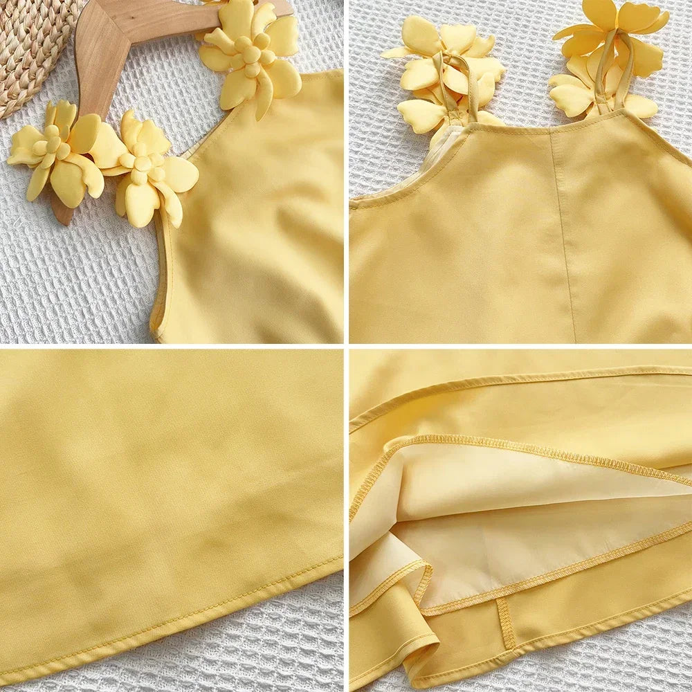 Korean Version 2 3 4 5 6 7-year-old Solid Color Girls' Casual Clothes Summer 3D Flower Princess Dress Fashionable and Elegant