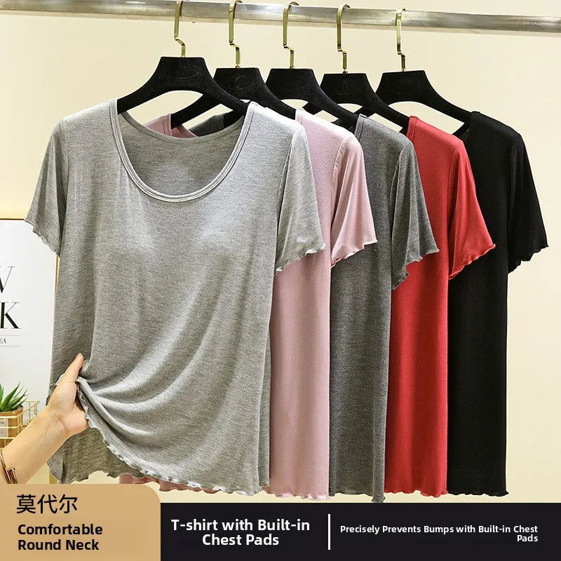 Modal No- Bra T-Shirt One-Piece Short Sleeve Women Summer Wear Casual Solid Color Base Layer Outdoor Wear round Neck T-Shirt