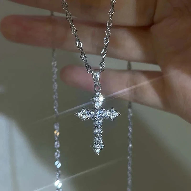 Shiny Crystal Zircon Cross Pendant Necklace For Women'S Girls Punk Silver Color Thin Chain Necklace Jewelry Birthday