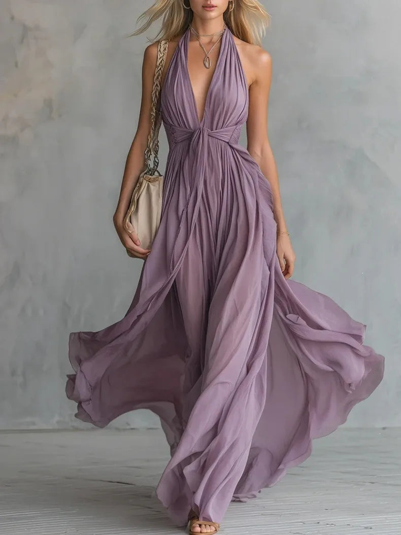 Solid Color V-neck Sleeveless Waist Cinching and Neck Hanging Dress for Slimming and Elegant Temperament Evening Gown