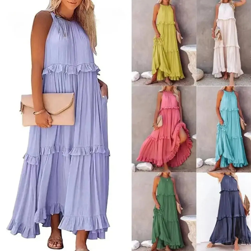 Bohemian Style Women Ruffles Long Dress Sleeveless Solid Color Smocked Halter Maxi Dress Layered design Loose Fit Halter Dress