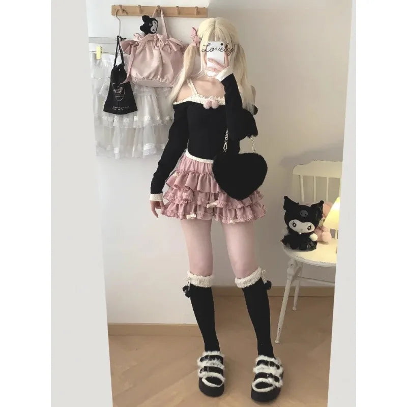Y2K Sweet Ruffles Mini Skirt Women Kawaii Lolita Bow A Line Skirts Harajuku Japanese Cute High Waist Pink Blue Cake Skirt