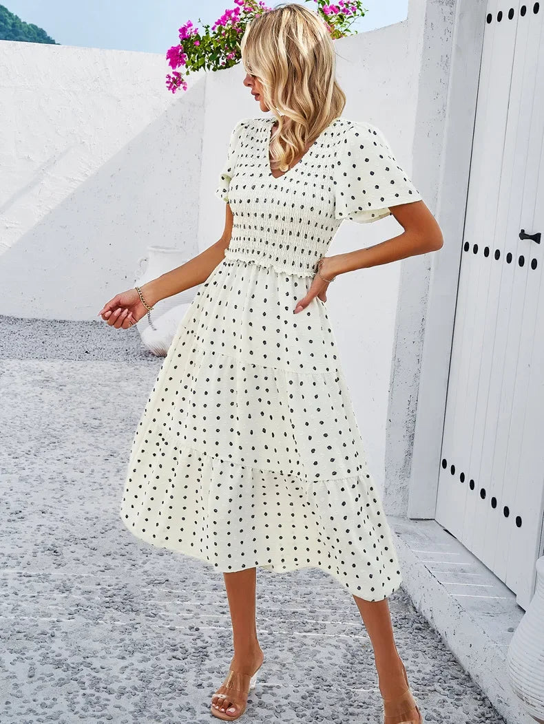 Summer Women's Casual Polka Dot Long Dress Vacation Boho Short Sleeve Solid V-neck Beach Sundress Elastic Waist Midi Dresses