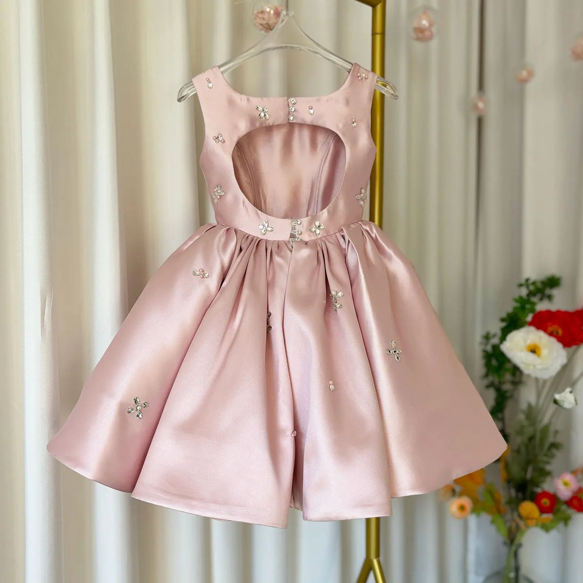 Dreamy Vow J145 Pink Satin Classic Girls Dress Beaded Square Neck Knee Length Children Wedding Birthday Holiday Party Dress 2025