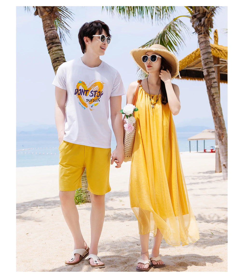 Vacation Family Matching Outfit Beach Mother‑Daughter Girls Yellow Maxi Dress Father‑Son Tops Shorts Sets Holiday Couple Clothes