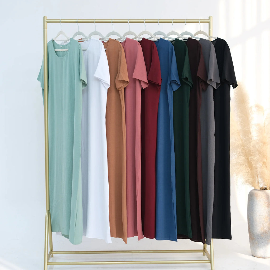 Modest Short Sleeve Women Inner Dress Basic Abaya Muslim Eid Ramadan Round Neck Maxi Loose Casual Long Versatile Fashion Kimono