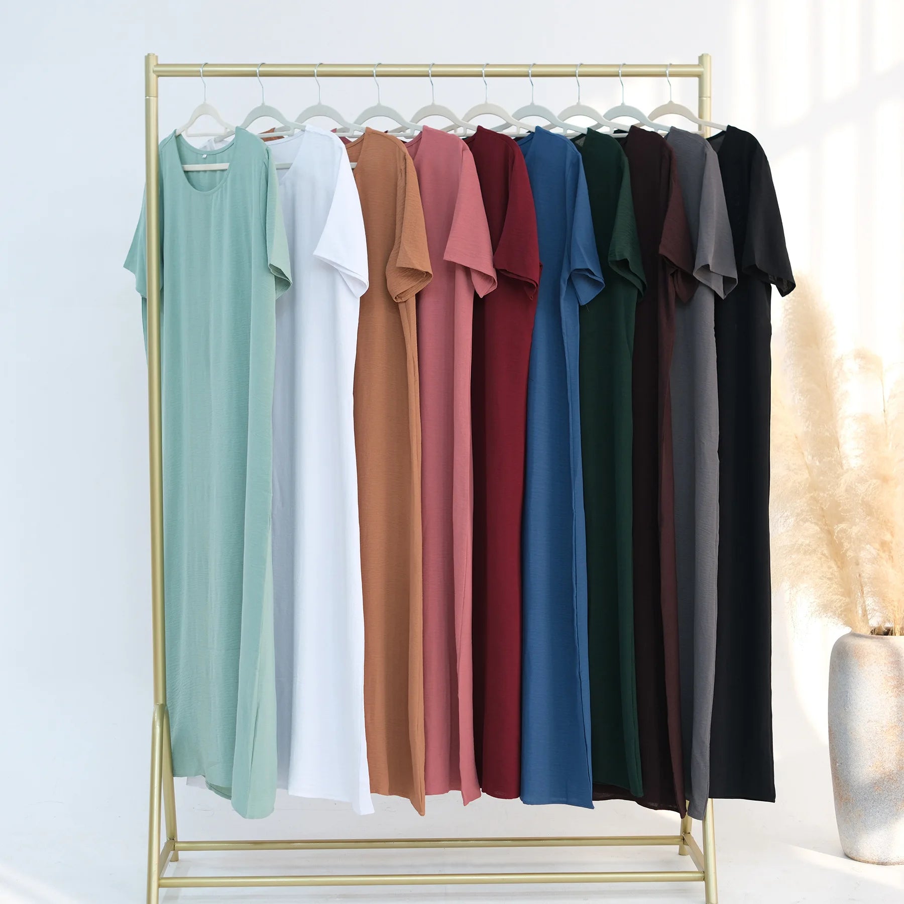 Modest Short Sleeve Women Inner Dress Basic Abaya Muslim Eid Ramadan Round Neck Maxi Loose Casual Long Versatile Fashion Kimono