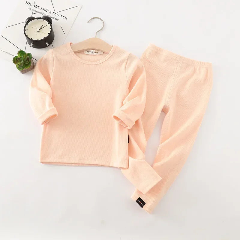 Kids Unisex Ribbed Cotton Pajama Set - Long Sleeve Pullover & Pants