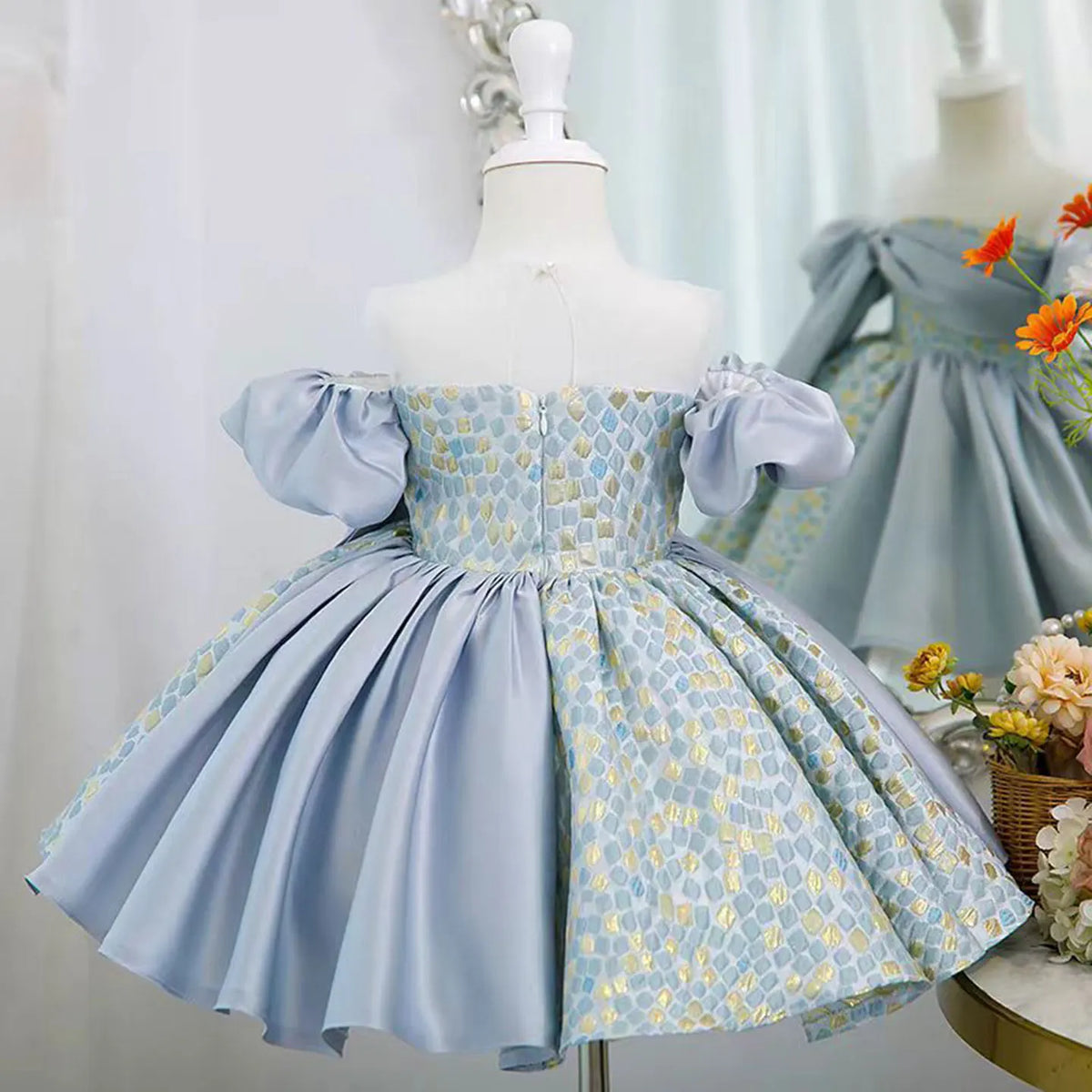 Dreamy Vow J774 Charming Blue Girl Dress With Short Sleeves  for Kids 1st Toddler Birthday Evening Party Knee Length Ball Gown