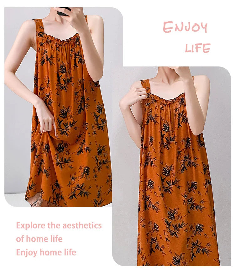 Korean Version of the Girl Sweet Summer Halter Nightgown Female Bowknot Full Print Sleeveless Loose Floral Sundress Home Dress
