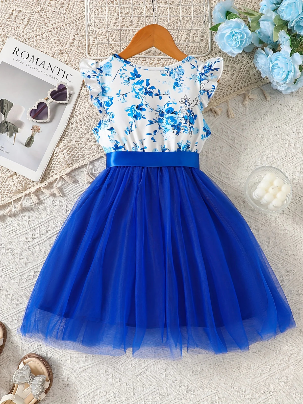 Girls' Knitted Round Neck Sleeveless Ruffled Floral Mesh Dress Dress