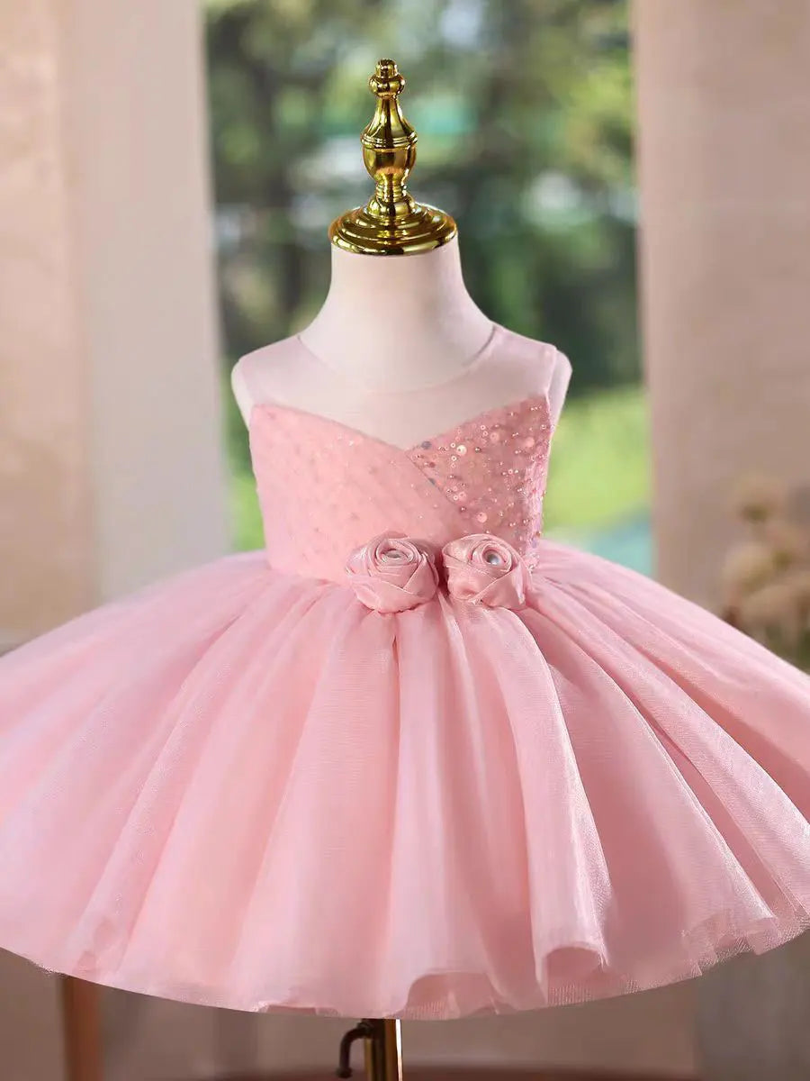Dreamy Vow D153 Pink Flower Girl Dress Handmade Flowers with Headwear Kids Wedding Birthday Holiday Party Pageant Festival Gown