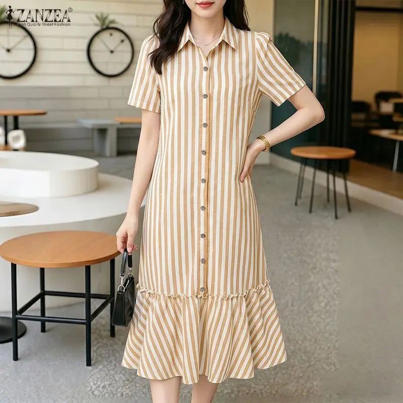 Summer Casual Short Sleeve Striped Midi Dress Women Turn-Down Collar Ruffled Hem Dresses ZANZEA Everyday Wear A-Line Vestidos