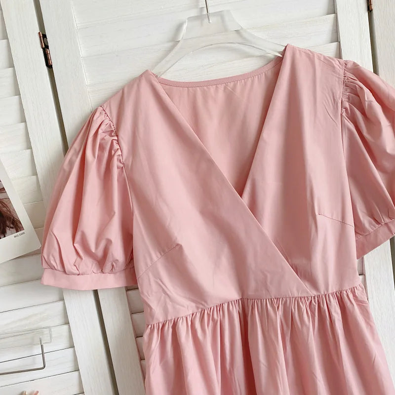 Retro Elegant  Color V-neck Bubble Sleeve Waist-cinching Slimming Casual Lace Trim Dress Women Summer Midi Dress