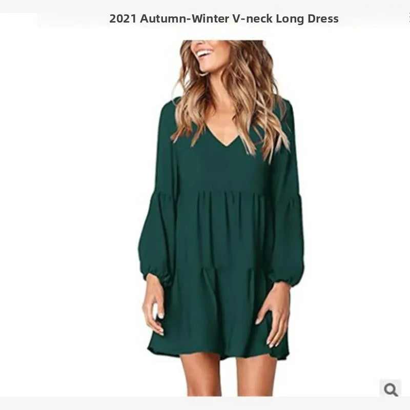 plus Size Autumn Clothes 2024 Women's V-Neck Long Sleeve Dress Ladies Fashionable Elegant Style Single Piece All Seasons