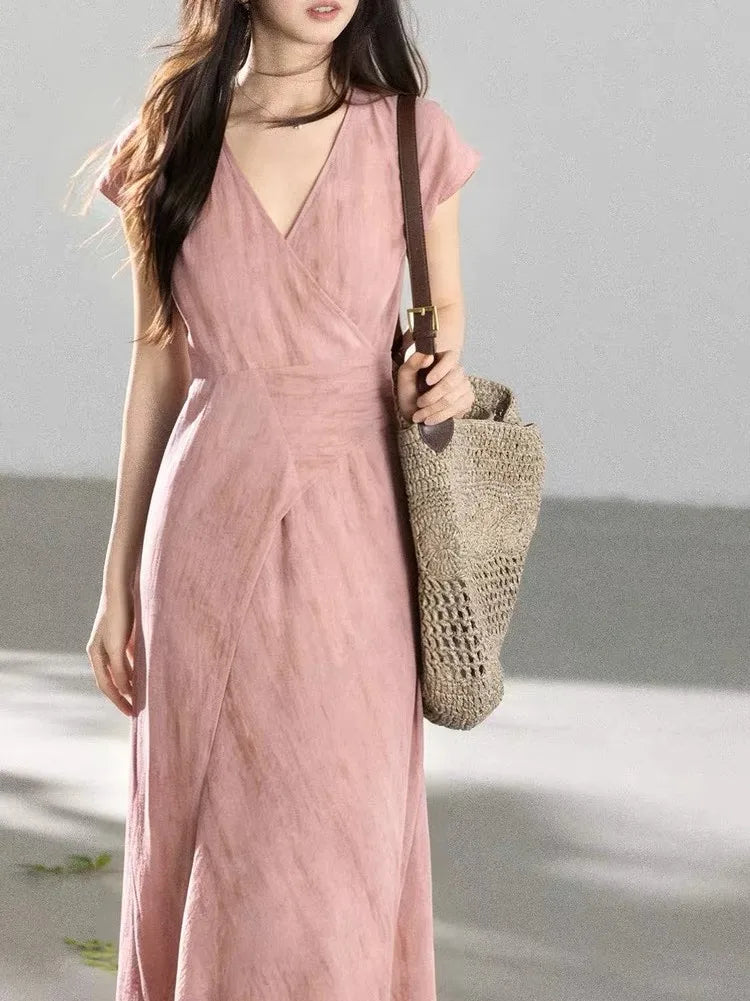 Purple Gradient V-neck Short-sleeved Uneven Hem Dress High Waist Crossed Belt Design Polyester Casual Long Dress