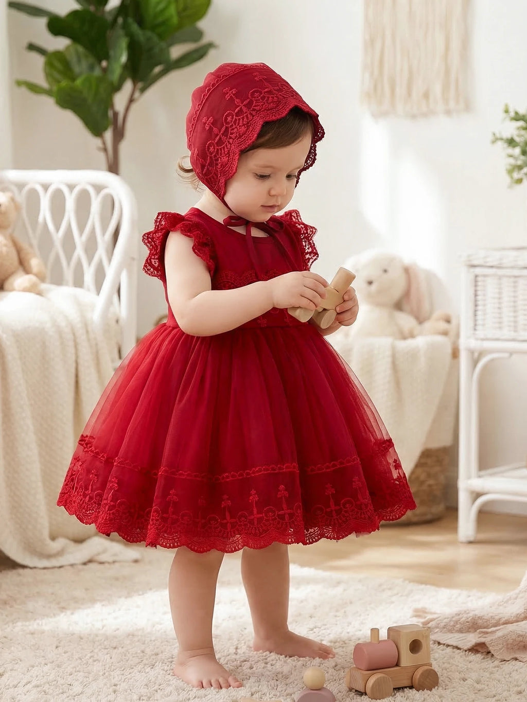 Baby Girl 0-2 Years Old Baby Wine Red Baptism Dress,Lace Net Skirt,Princess Dress,Wedding Flower Girl Dress,Birthday,With Hat