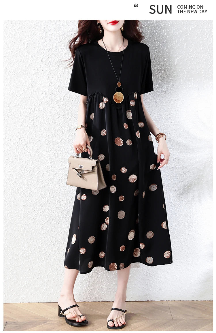 Summer New plus Size Polka Dot Dress Color Block Loose Fitting Slimming Effect Casual Commute Style Women's Dress