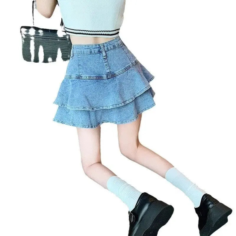 Slimming High Waist A- Line Denim Mini Skirt with Lace Hem for Women Summer Fish Tail Flared Skirt plus Size Cotton Blend