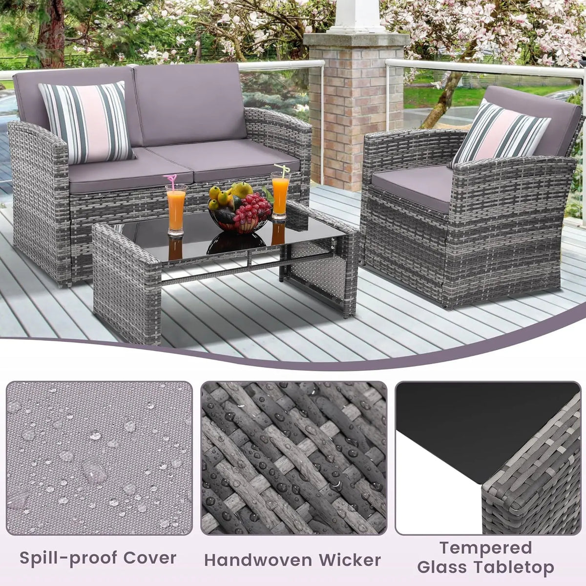 4-Piece Patio Furniture Set, Wicker Outdoor Rattan Sectional Sofa with Cushions and Glass Table, All-Weather Outdoor Conversatio
