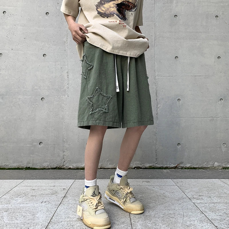 Star Patchwork Shorts Men Vintage Denim Summer Basic All-Match  High Waist Leisure Ulzzang Streetwear Chic Shorts