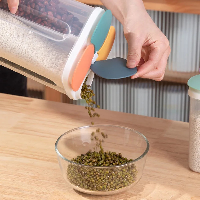 Caja de almacenamiento de cereales para cocina, de plástico, con 4 compartimentos, tarro sellado para cereales, recipiente para alimentos, tanque de grano a prueba de humedad, caja para mantener frescos los espaguetis