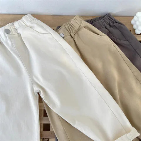 2-7Y New Autumn Casual Pants Solid Color Elastic Waist Pants with Side Pockets for Boys Girls Cotton Trousers Daily