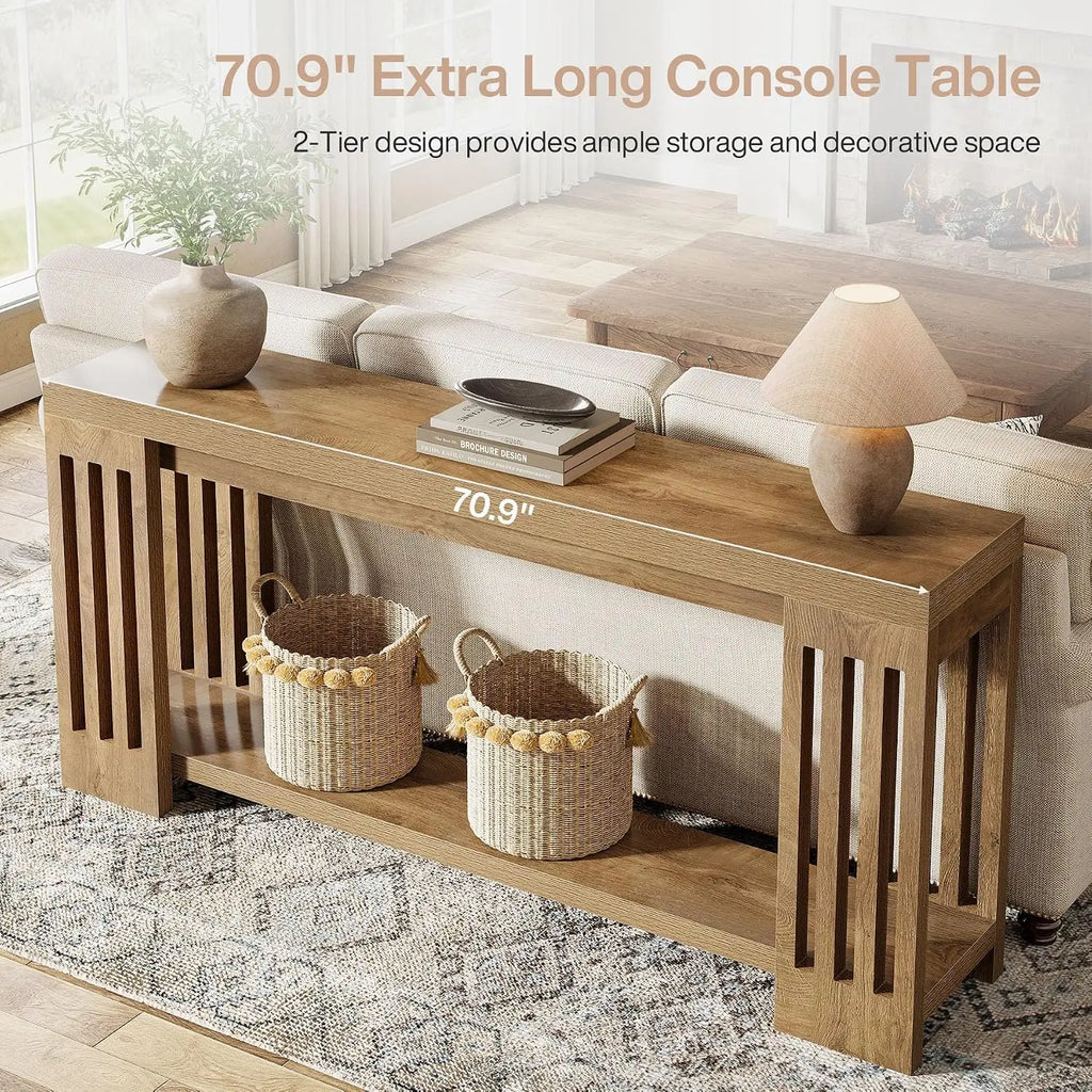 70.9-Inch Extra Long Entryway Table, Farmhouse Sofa Console Table with Vertical Stripe Legs, 2-Tier Entry Furniture for Living R