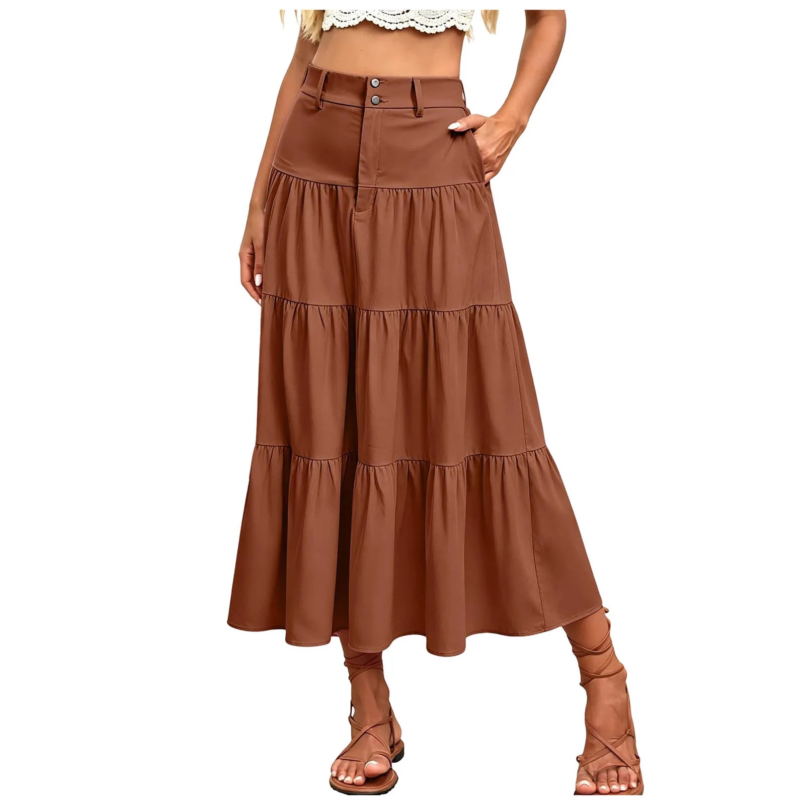 Damen High Waist Midi Mit Elastischem Bund Knopfleiste Eleganter A Linien Leichtem Material Für