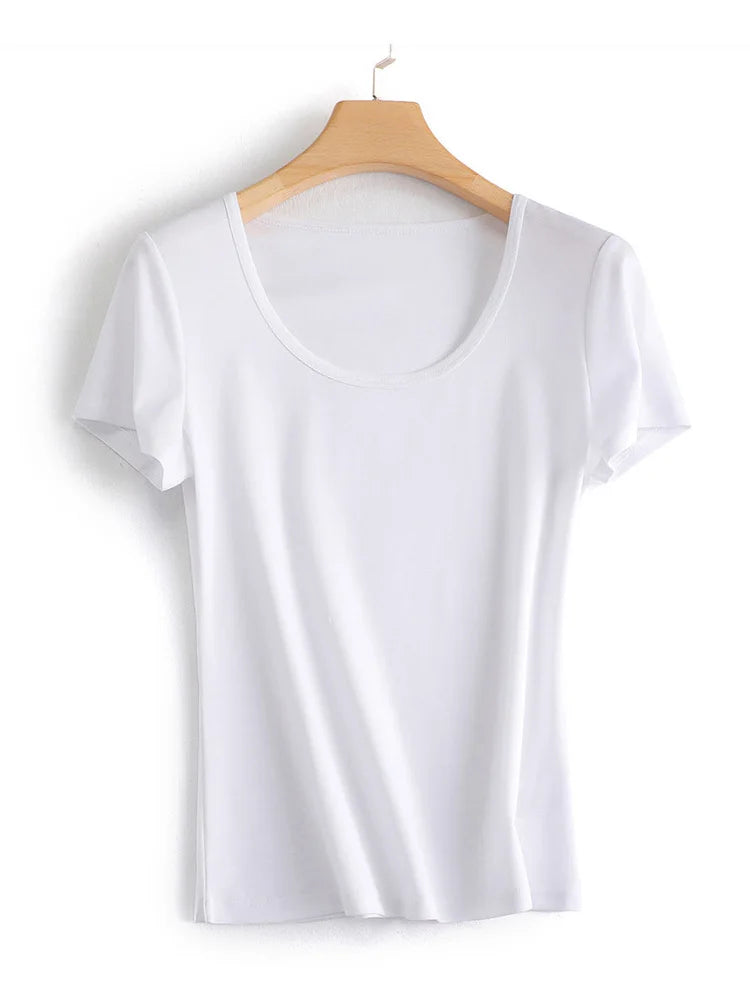 SuyaDream Women's Silk Acetate Blend Knit T-Shirt - Square Collar