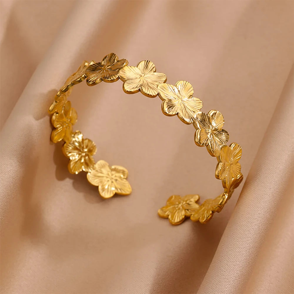 Stainless Steel Wide Bangles For Women'S Luxury Gold Color Chunky Flower Cuff Bangle Bracelet Femme Vintage Wedding Jewelry Gifts