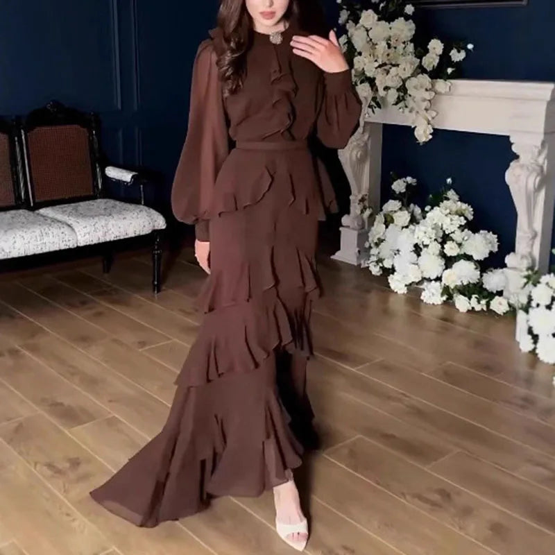 Casual Solid Chiffon Irregular Maxi Dresses Fashion Long Sleeve Women's Autumn Dress Elegant O Neck Layered Ruffle Evening Dress