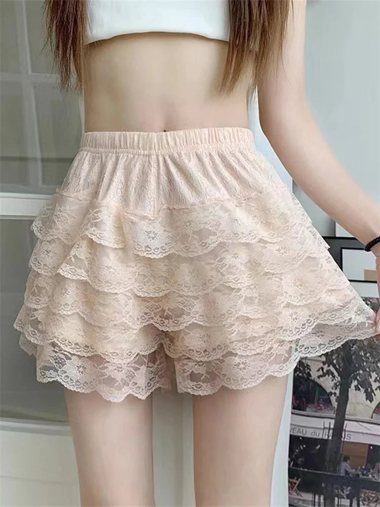 Women’s Layered Ruffle Shorts Casual Elastic Waist Solid Color Lace Bloomers Kawaii Lolita Short Pants