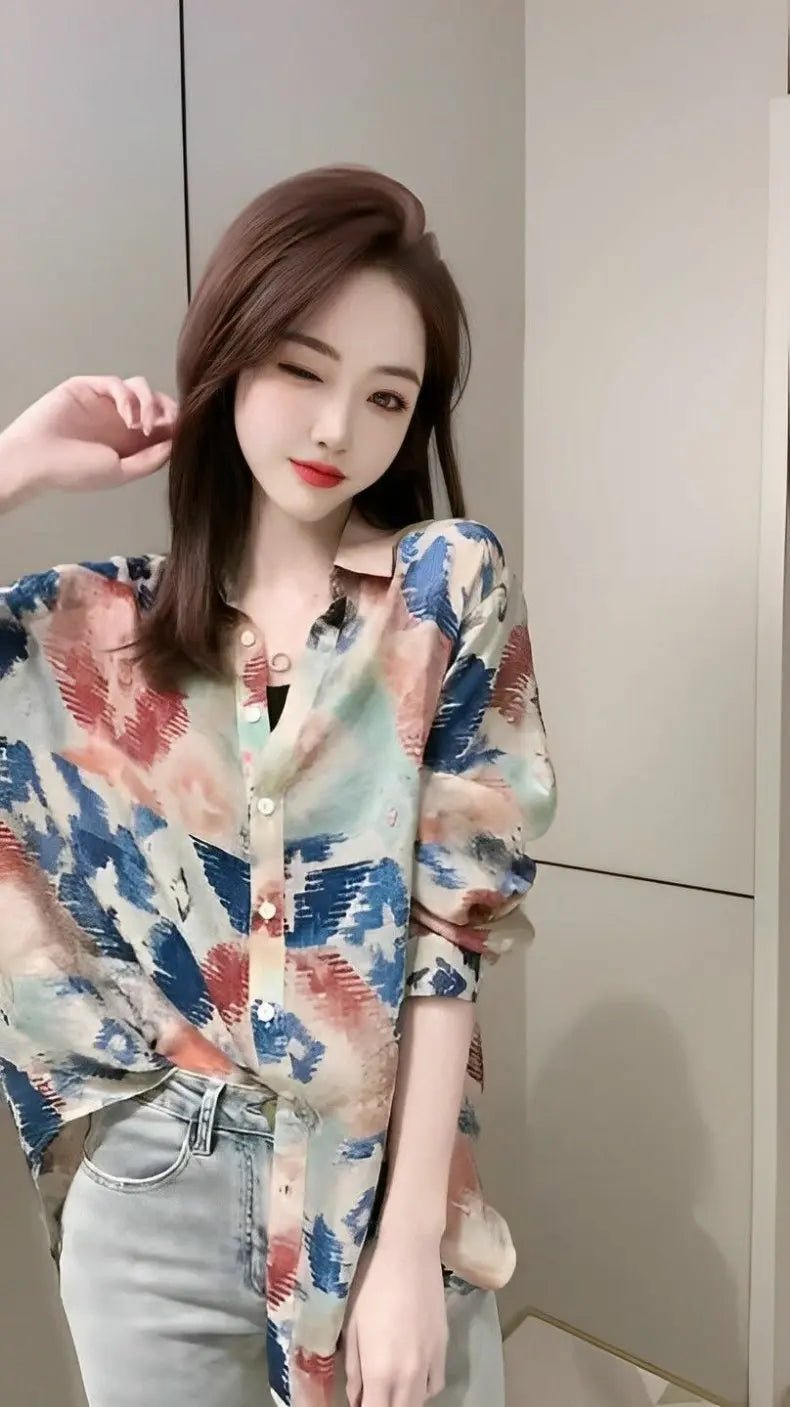 Spring 2026 Floral Print Loose Long Sleeve Women's Shirt Fashionable Versatile Korean Style Commute Polonaise Polyester Fiber