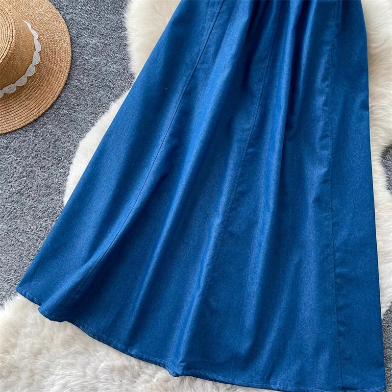 KAROFI Women Bow Tie Elastic Waist Denim Long Skirt Korean A Line Flowy Midi Jeans Skirt Casual Loose Vintage Blue Maxi Skirts