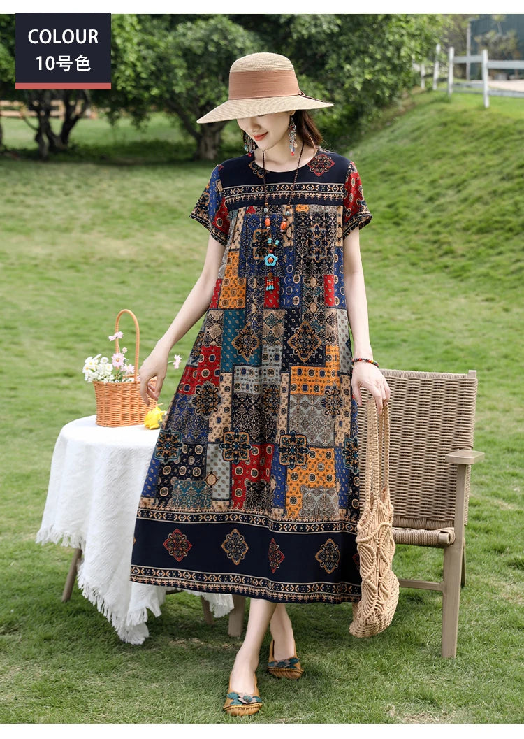 New Fashion Casual 2025 Summer Elegant Dresses For Women O-Neck Print Vintage Short Sleeve Dress Loose Women Clothing