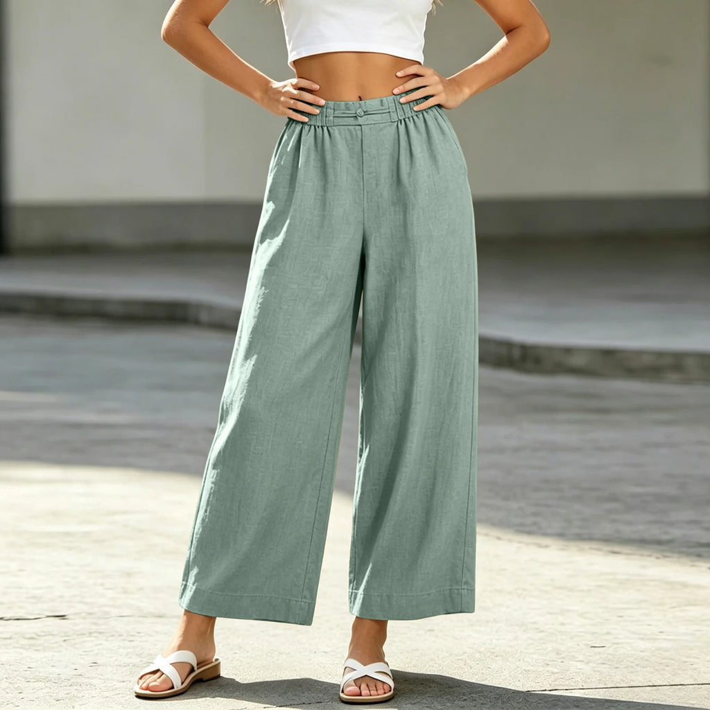 Women's Cotton Linen Blend Wide Leg Palazzo Pants with Pockets