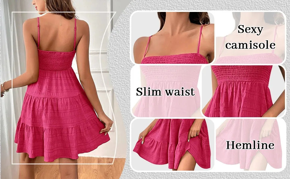 Bohemian Beach Sundress Women Sexy Sleeveless Backless Big Swing Mini Dress Solid Spaghetti Strap Ruffles Dresses Vestidos