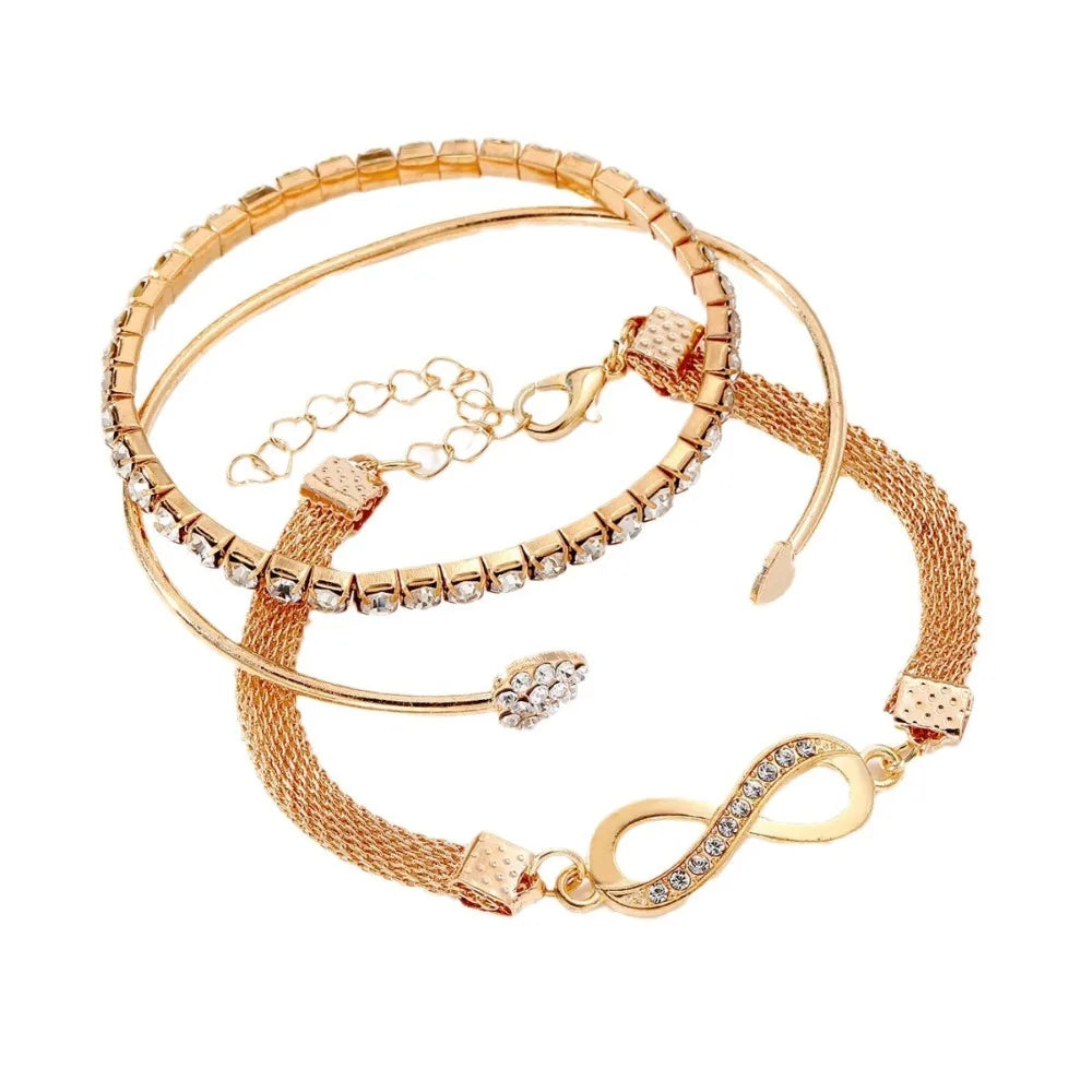 Vintage Infinity Heart Crystal Rhinestone Bracelet Set For Women'S Female Gold Color Metal Adjustable Bracelets Fashion Jewelry
