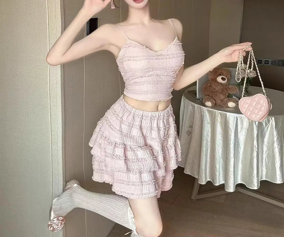 Ballet Style Puffy Short Skirt Women Summer Lace Crop Top Design Sensation Half Skirt Pure Desire Sweet And Spicy Set