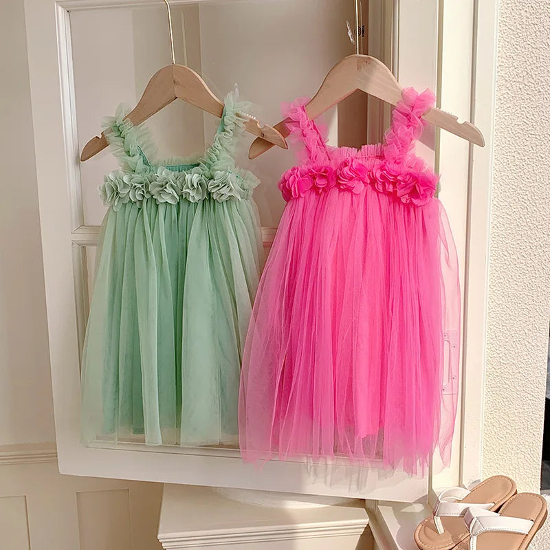 Kids Sweet Mesh Dress 1-6T Summer Children Mesh Tulle Princess Slip Tutu Dresses Girls 6 Colors 3D Flower Mermaid Birthday Dress