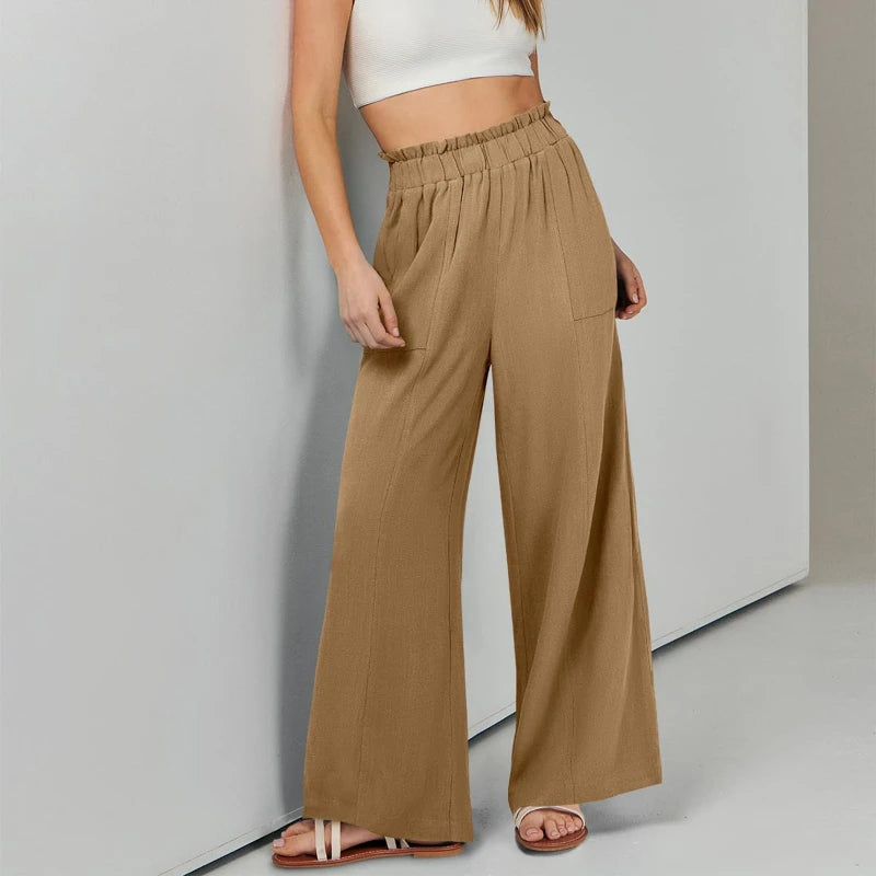 Women's Ruffle Elastic High Waist Wide Leg Pants Loose Casual Long Trousers With Pockets Spring Summer Daily Wear
